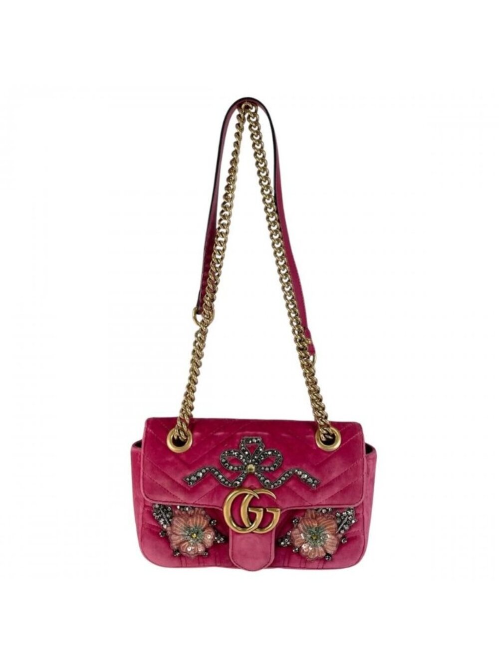 Gucci 2-Way GG Marmont Shoulder Bag Velour Leather Sequin Pink Antique Gold